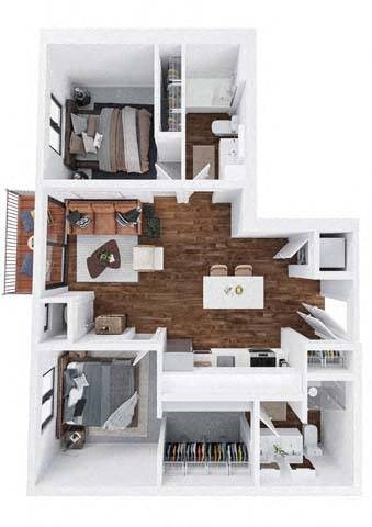 Floor plan for 2 beds, 2 baths, 963 sqft